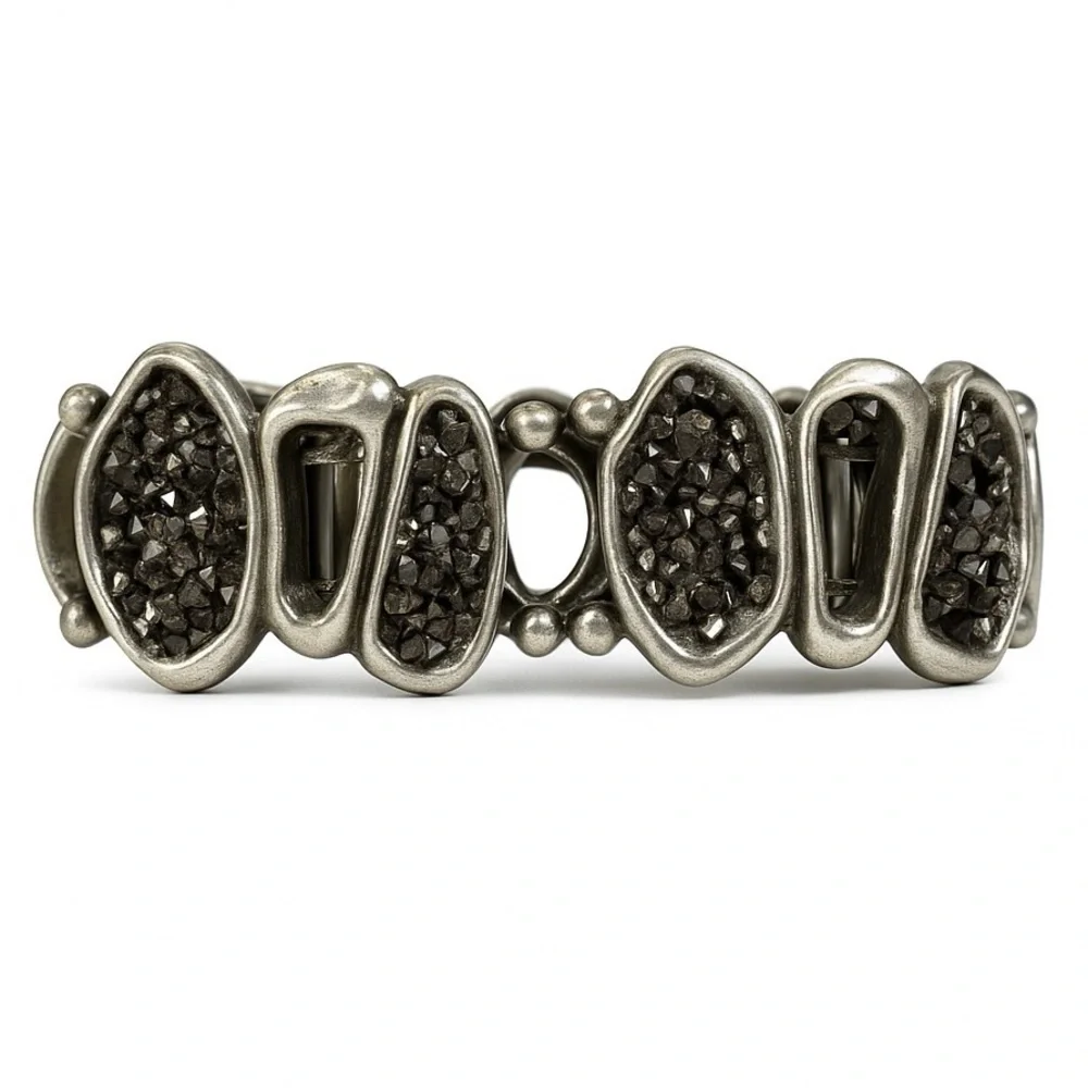 Chunky Silver Stretch Bracelet With Black Crystals